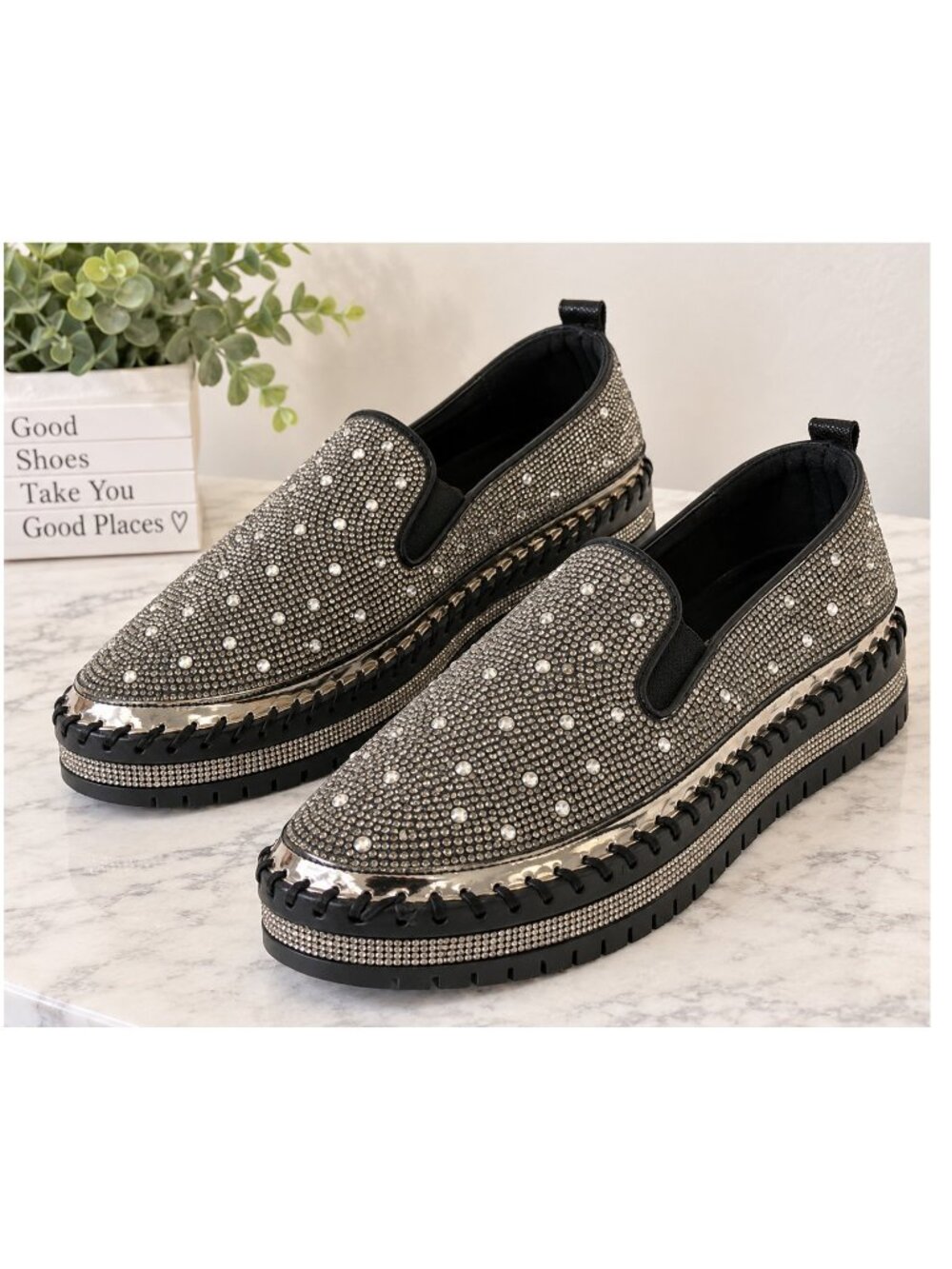 Azalea Wang Brittany Rhinestone Embellished Platform Slip-On Shoes Size 10